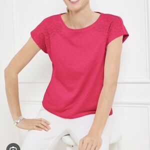 Talbots Bright Pink Eyelet Shoulder Short Sleeve Tee